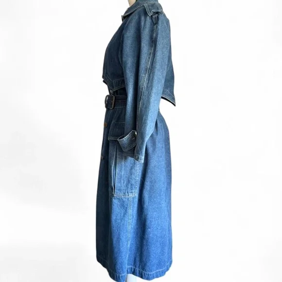 Vintage 90s Lizwear Blue Denim Trench Coat (sz Small/ Oversized Fit) - Picture 2 of 8